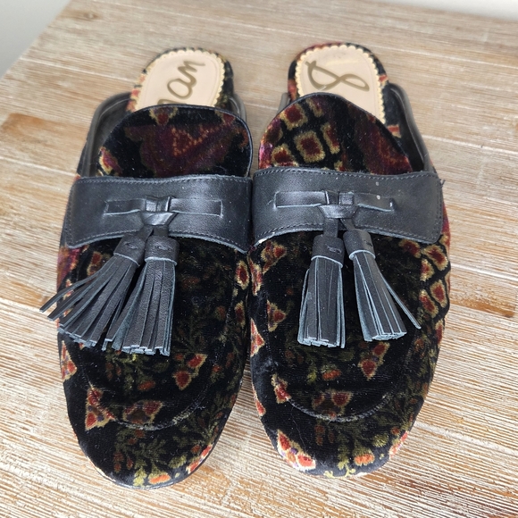 Sam Edelman Black Velvet Floral Tassel Backless Mules - Picture 3 of 6